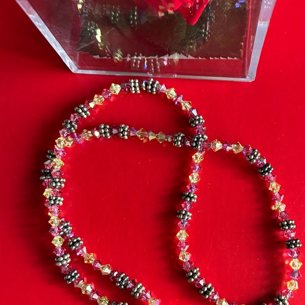 925 Silver Necklace,Pink and Yellow Crystal Bead Necklace with Silver Accents - Picture 7 of 10